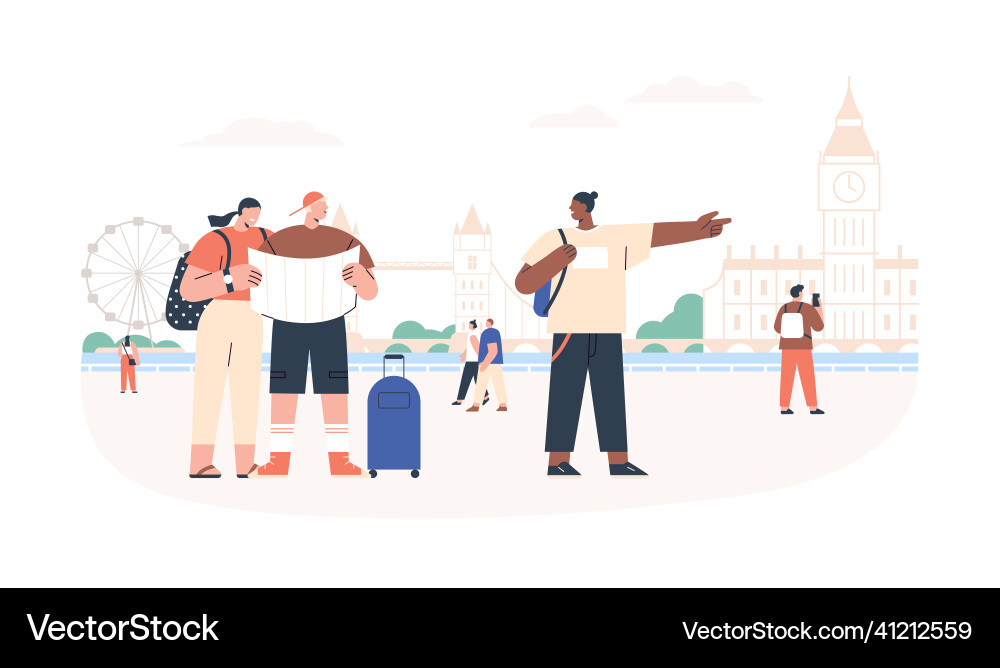 Tourists couple go sightseeing with map ask local Tourists couple go sightseeing with map ask local vector image