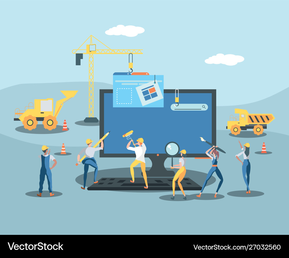 Builders and desktop with webpage under Vector Image