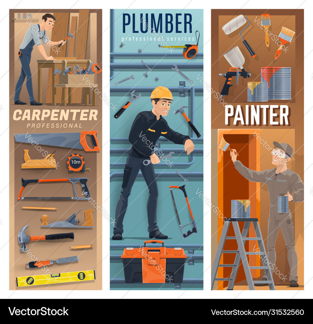 Carpenter plumber painter construction workers Carpenter plumber painter construction workers vector image