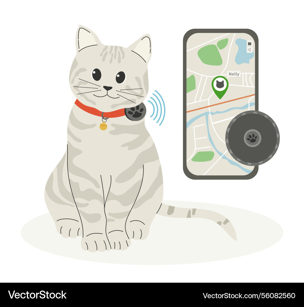 Cat gps tracker with location pin in mobile app Cat gps tracker with location pin in mobile app Vector Image