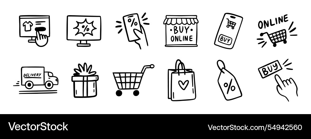 E-Commerce Online-Shopping Doodle Hand gezeichnet Symbol E-Commerce Online-Shopping Doodle Hand gezeichnet Symbol vektorbild