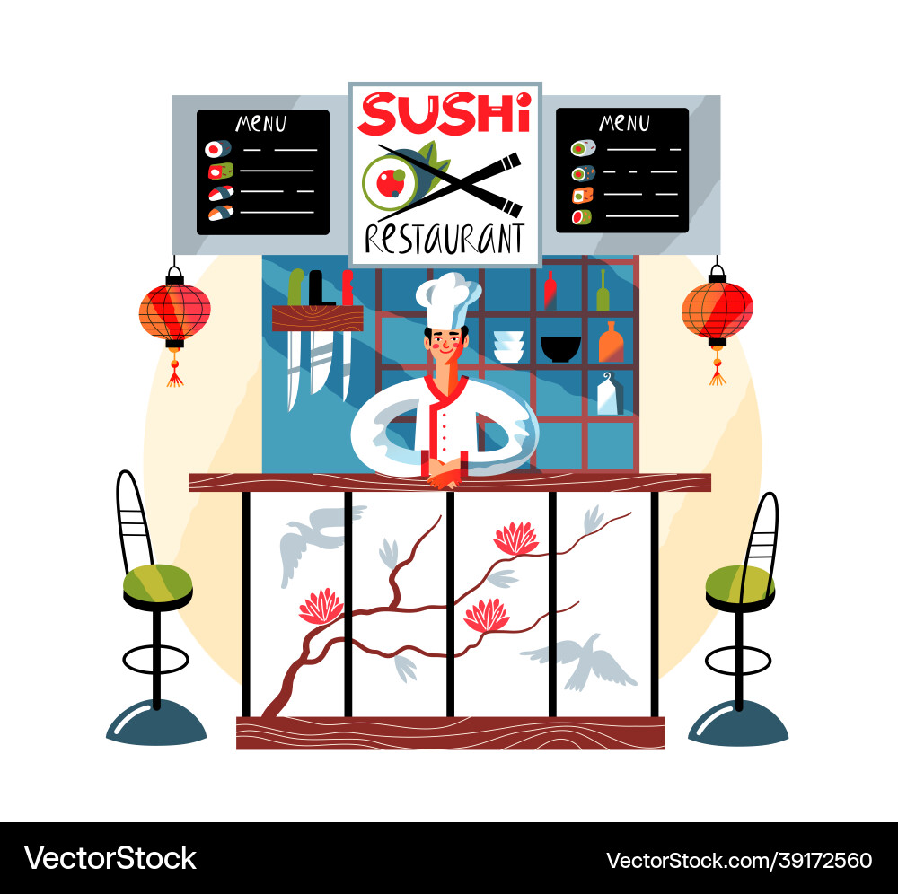 Küchenchef im japanischen Sushi Restauranttheke jung Küchenchef im japanischen Sushi Restauranttheke jung vektorbild