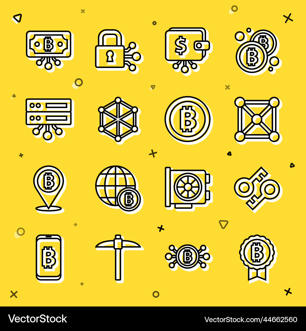 Set line bitcoin cryptocurrency key blockchain Set line bitcoin cryptocurrency key blockchain vector image