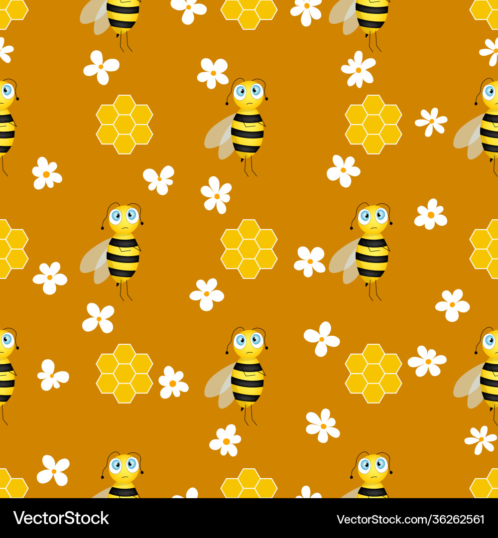 Seamless pattern with bees and honeycombs on brown Vector Image