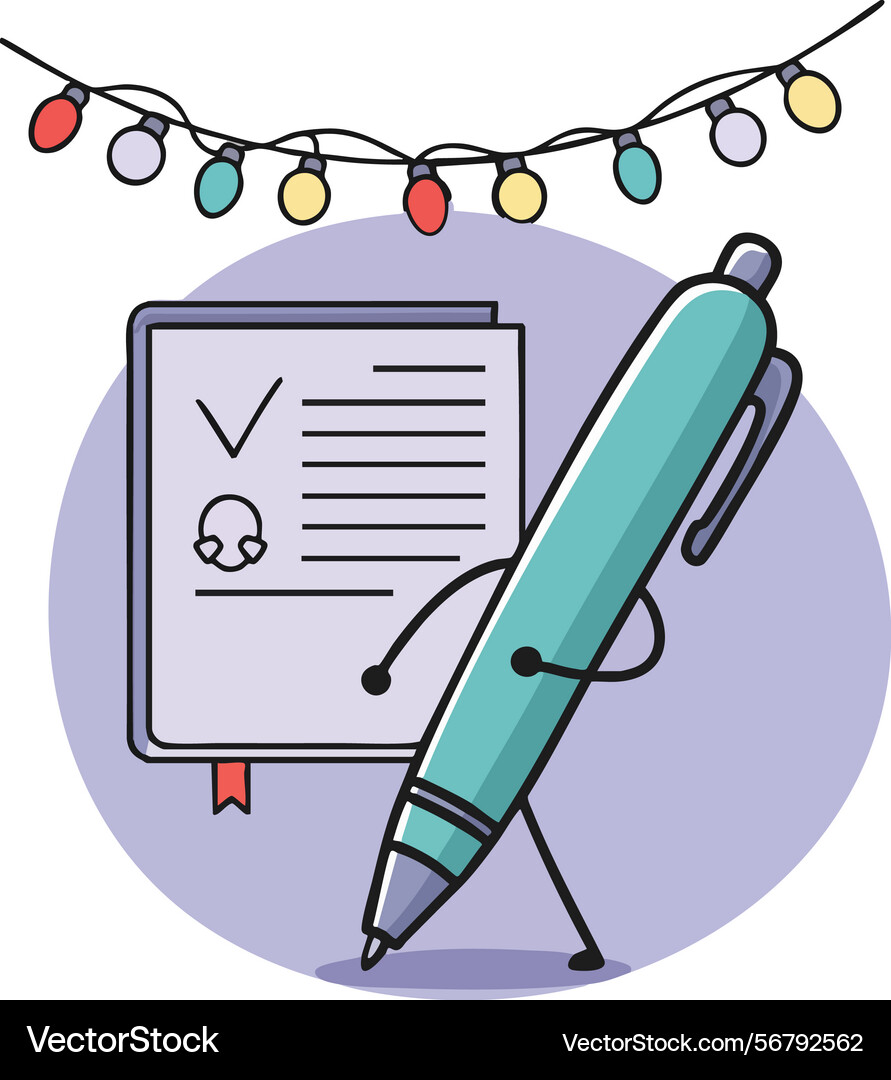 Animated pen character writing on document Animated pen character writing on document vector image