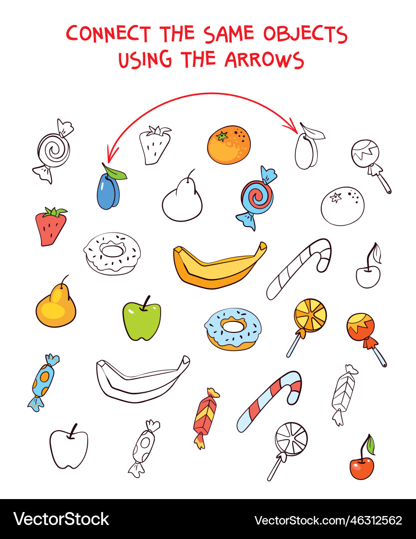 Connect same objects fruits and sweets Connect same objects fruits and sweets vector image
