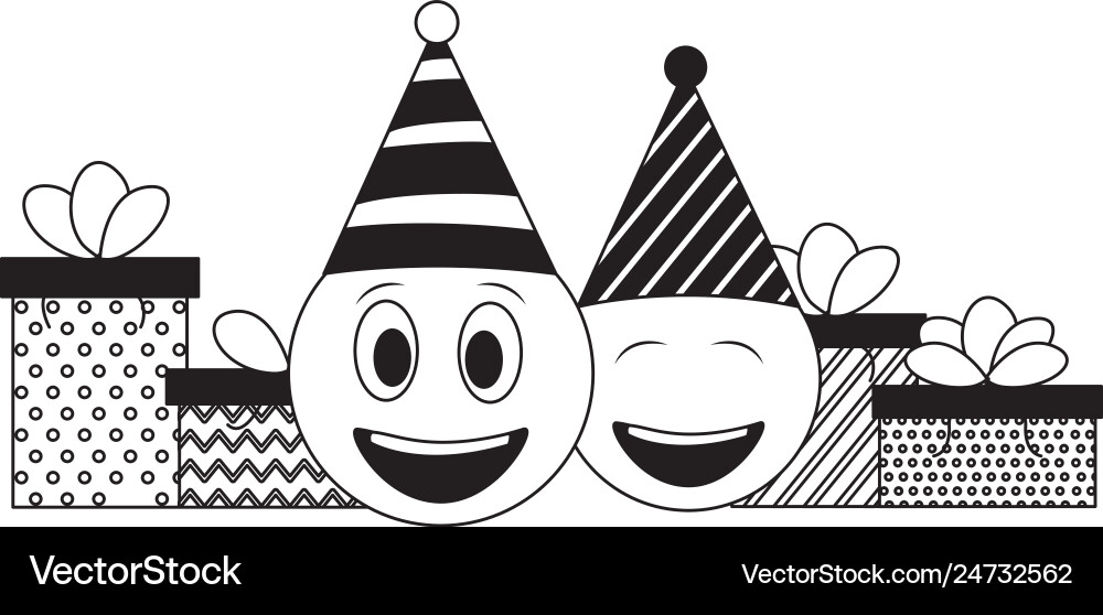 Emojis kawaii mit Hut Party und Geschenkboxen Emojis kawaii mit Hut Party und Geschenkboxen vektorbild