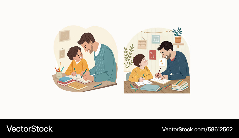 Print man helping child with homework and writing Vector Image