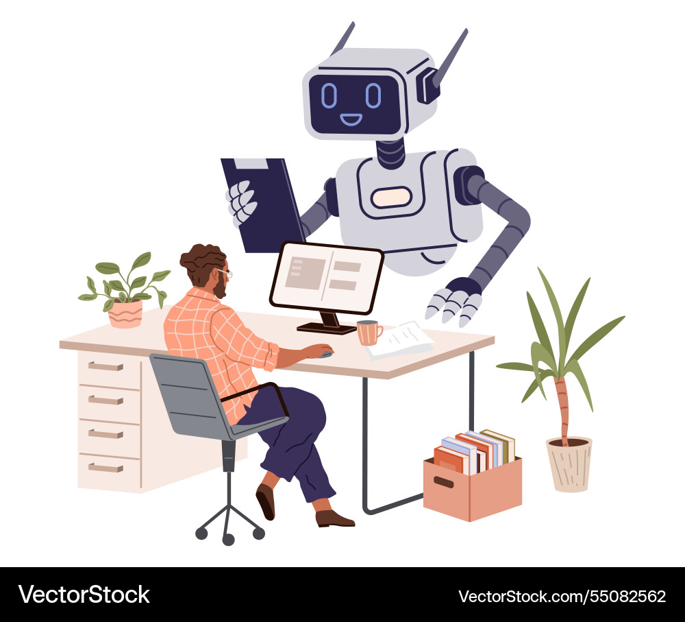 Robot assisting man in office with computer Robot assisting man in office with computer vector image