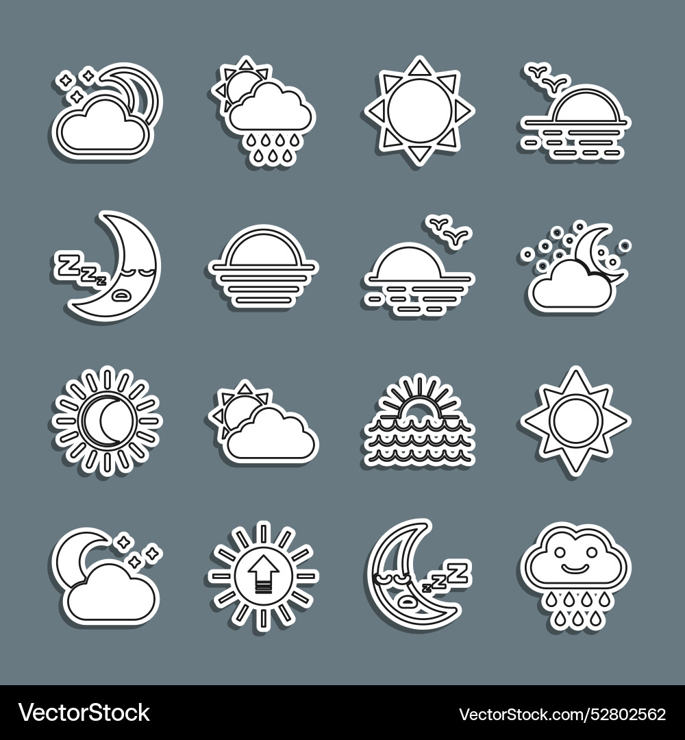 Set line cloud with rain sun moon and stars Vector Image
