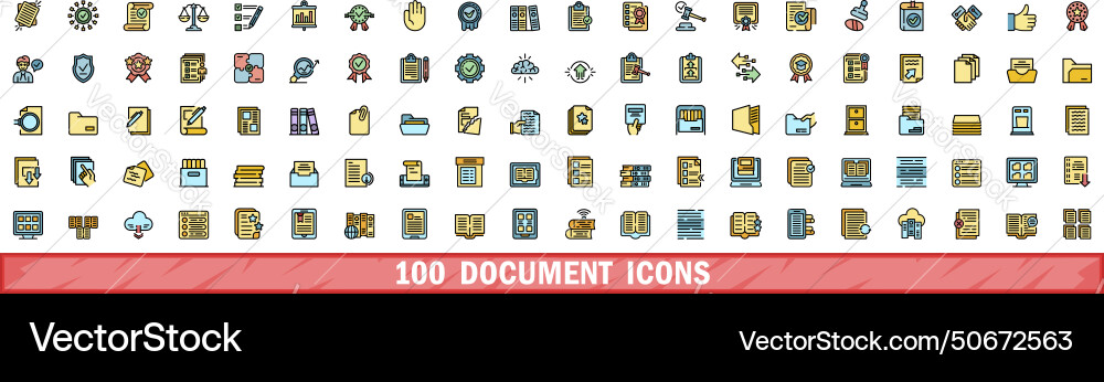 100 document icons set color line style vector image