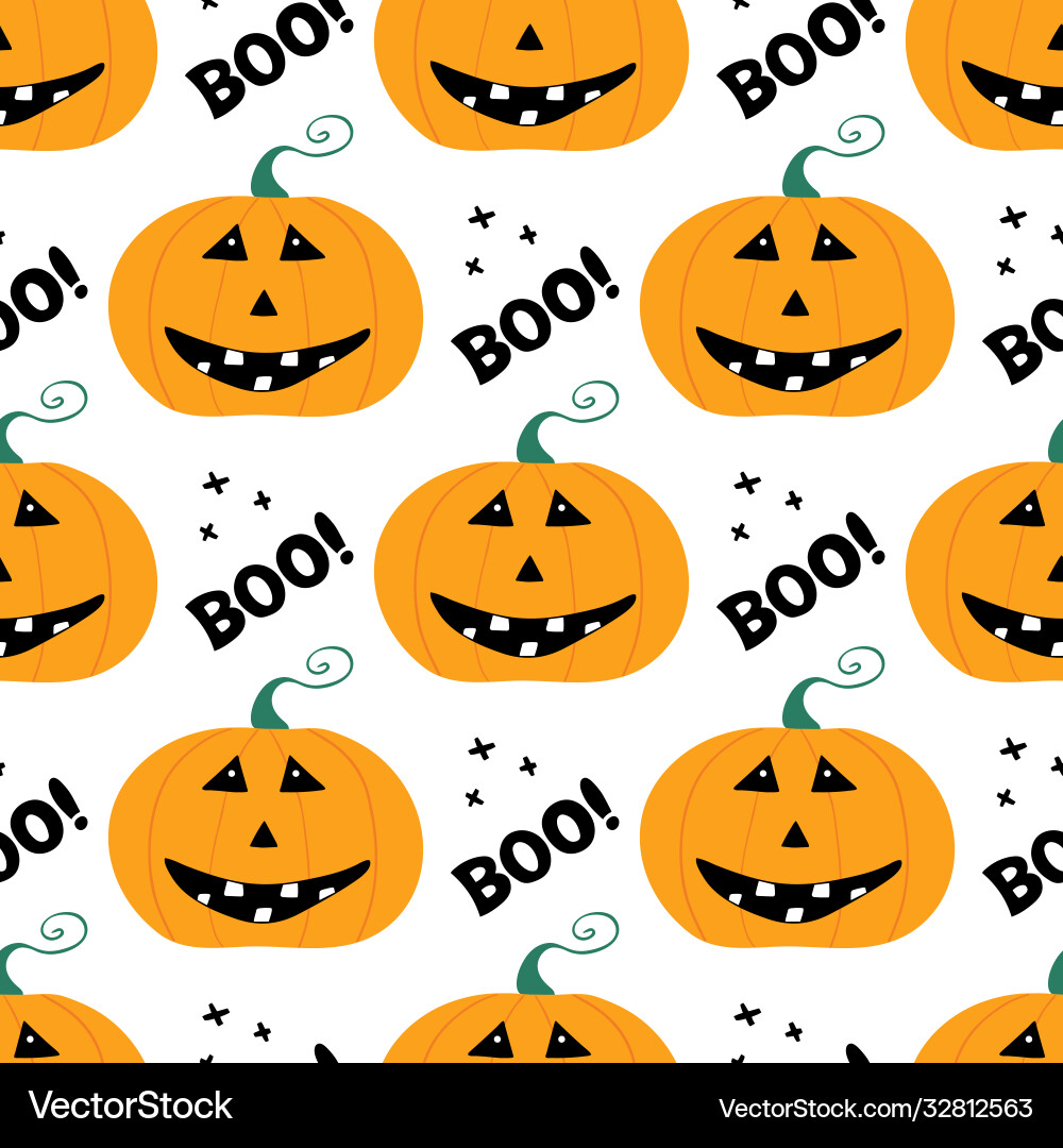 Cute smiling pumpkin character with boo lettering Vector Image