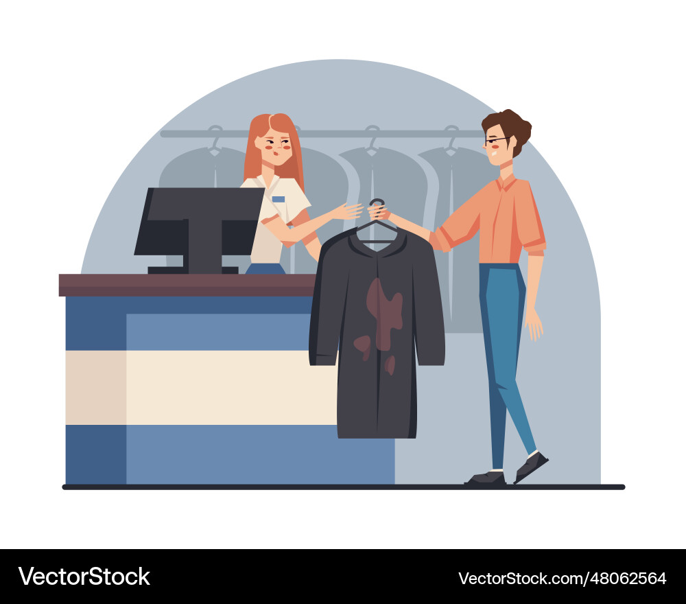 Client stand near cashier and gives dirty t-shirt Client stand near cashier and gives dirty t-shirt vector image