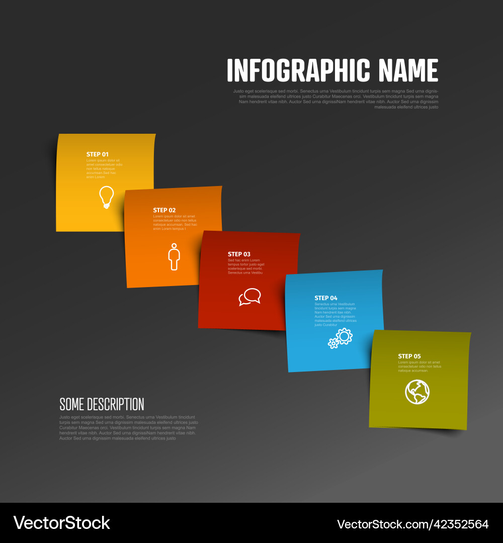 Five simple colorful sticky paper steps process Five simple colorful sticky paper steps process vector image