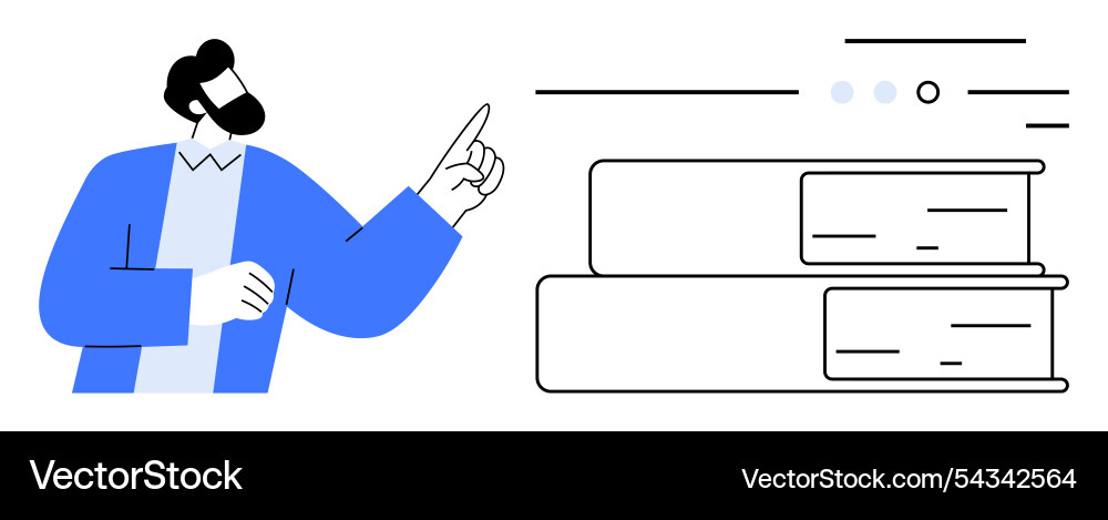 Man in blue jacket pointing at stack of books Man in blue jacket pointing at stack of books vector image