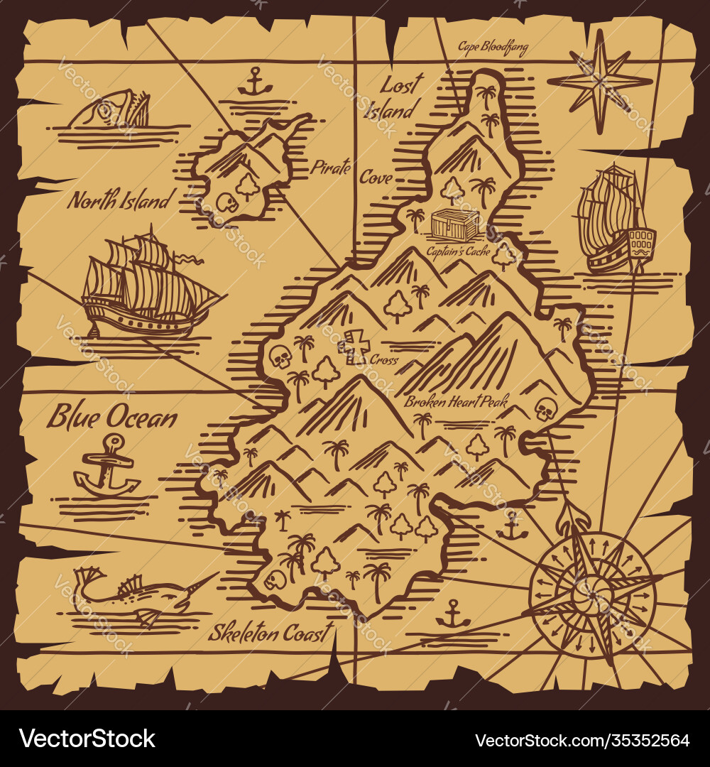 Pirate treasure map old scroll sketch Royalty Free Vector