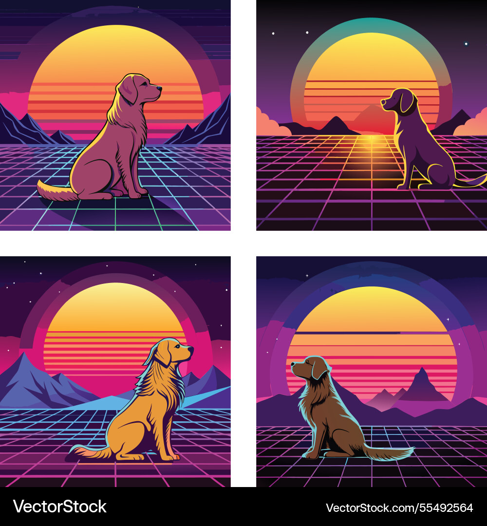 Retro 80s Hunde in futuristischen Landschaften Retro 80s Hunde in futuristischen Landschaften vektorbild