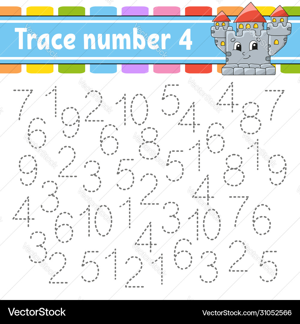 Trace number 4 handwriting practice learning Trace number 4 handwriting practice learning vector image