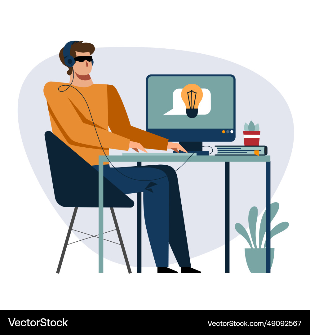 A image of an unseeing student while the remote A image of an unseeing student while the remote Vector Image
