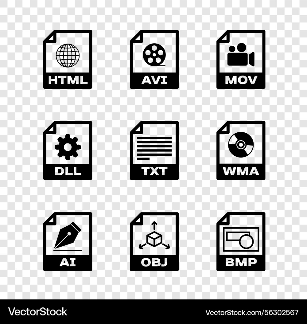 File Document Icons - HTML, AVI, MOV, AI, BMP vector image