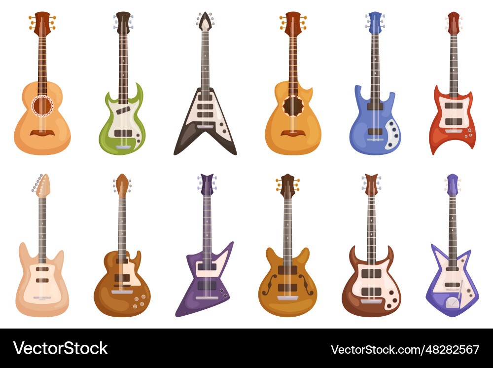 Isolated guitars set versatile string instruments Isolated guitars set versatile string instruments Vector Image