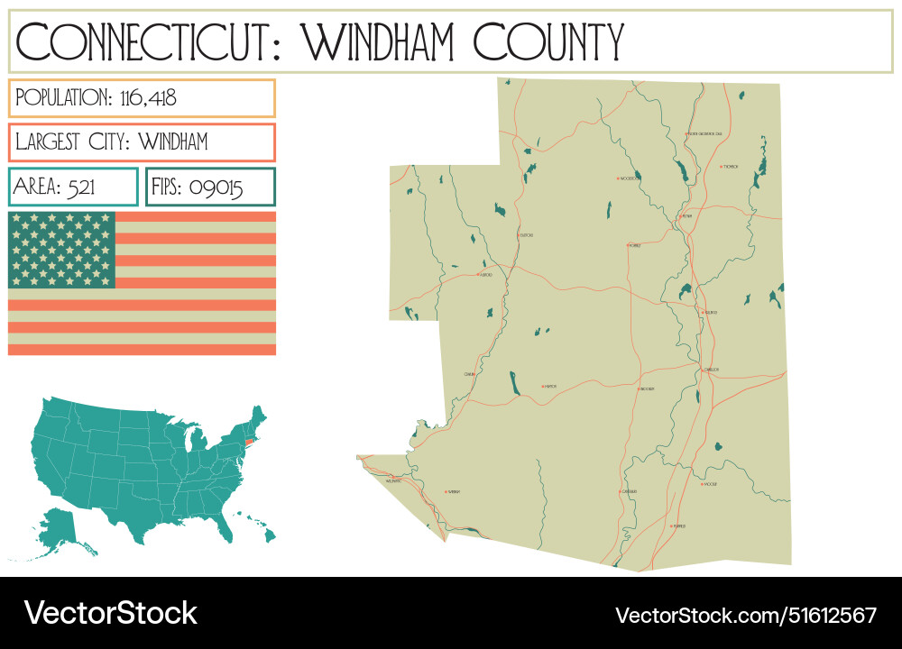 Map of windham county in connecticut usa Vector Image