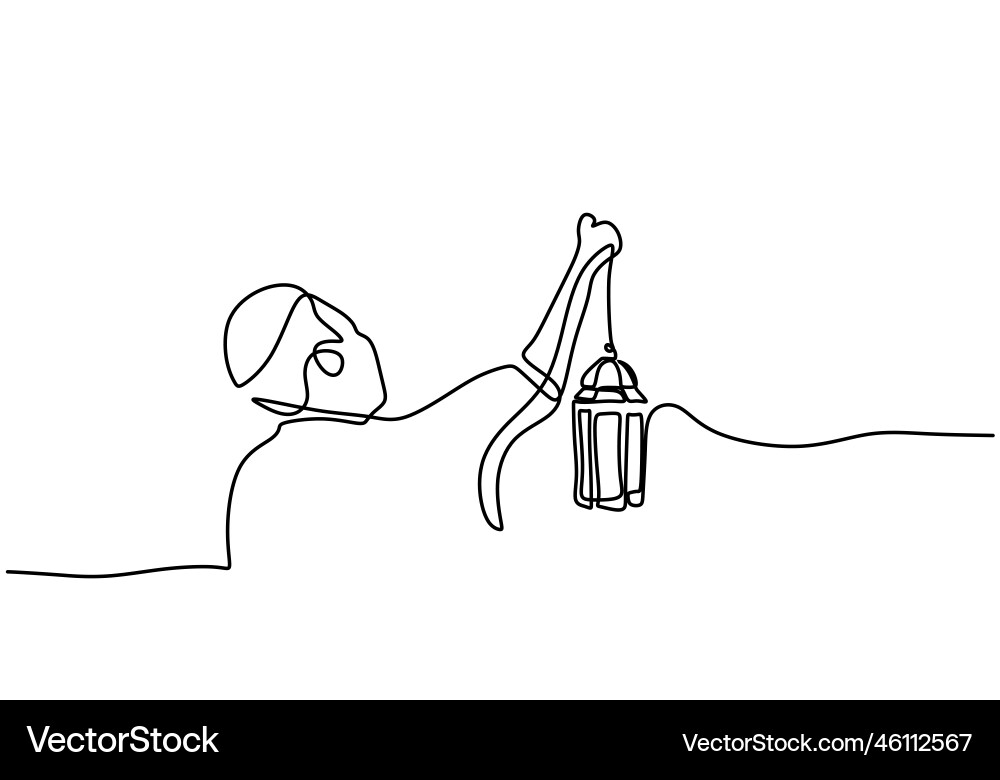 One continuous single line of man bring lantern One continuous single line of man bring lantern Vector Image