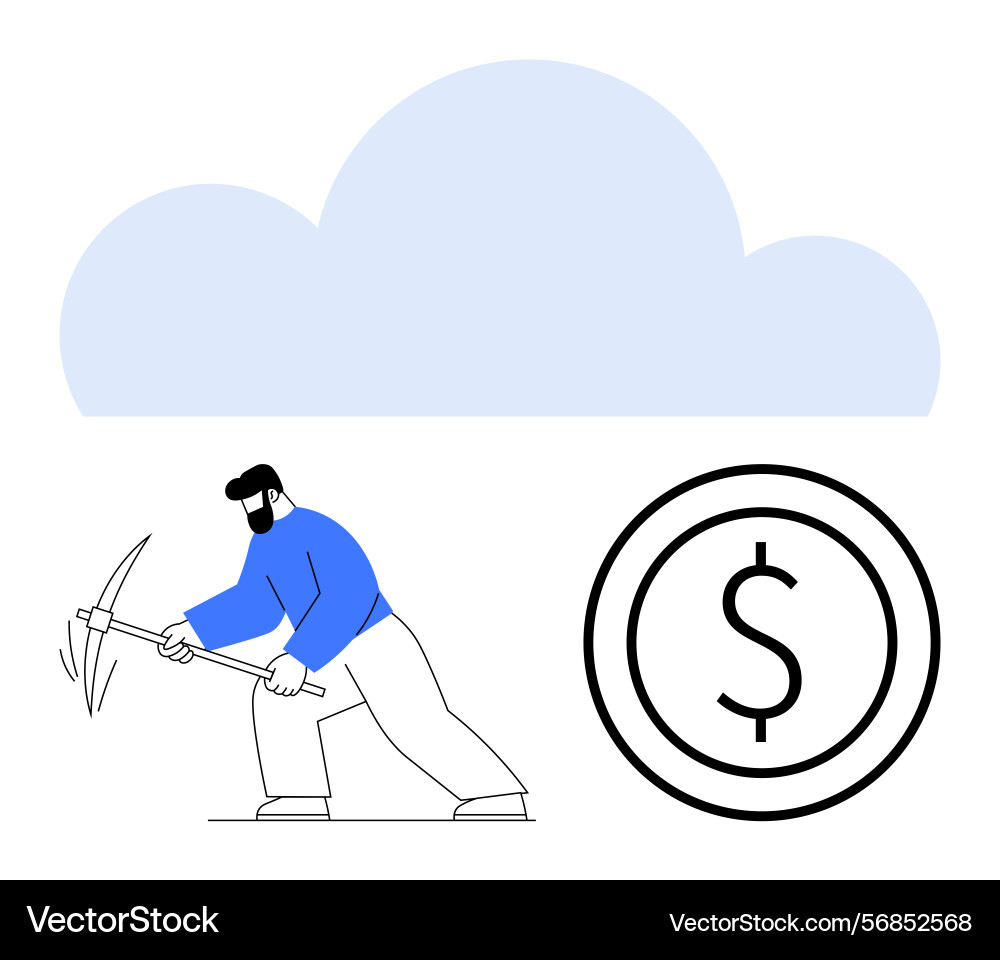 Cloud mining concept with worker using pickaxe Cloud mining concept with worker using pickaxe vector image