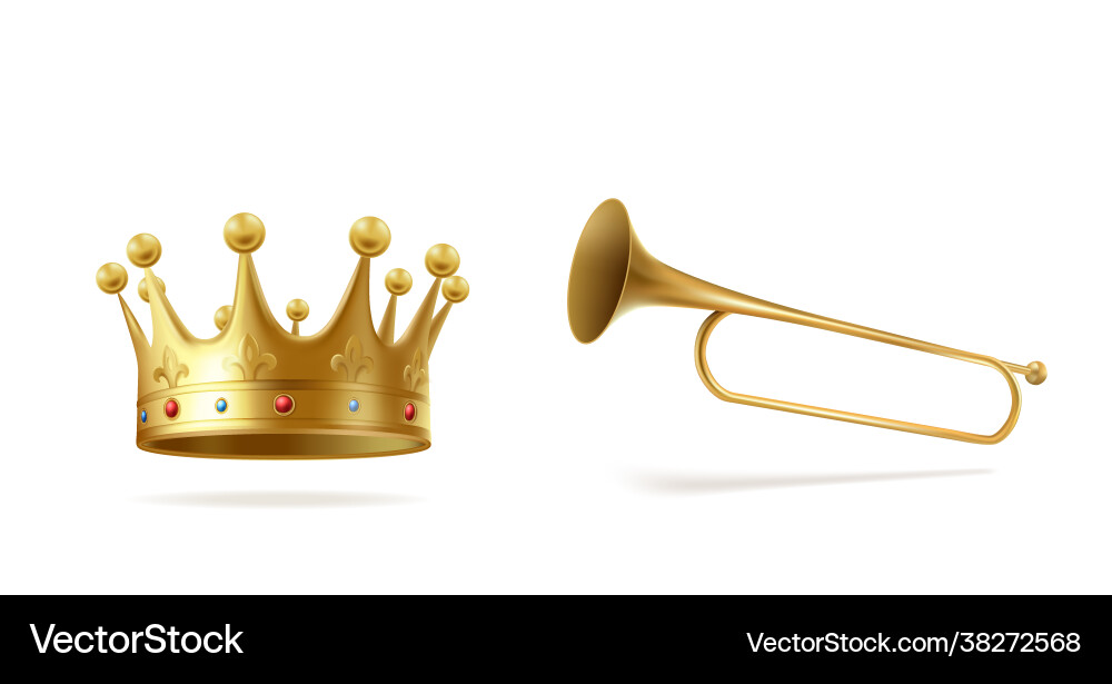 Goldene Krone mit Edelsteinen und Kupfer Fanfare isoliert Goldene Krone mit Edelsteinen und Kupfer Fanfare isoliert vektorbild