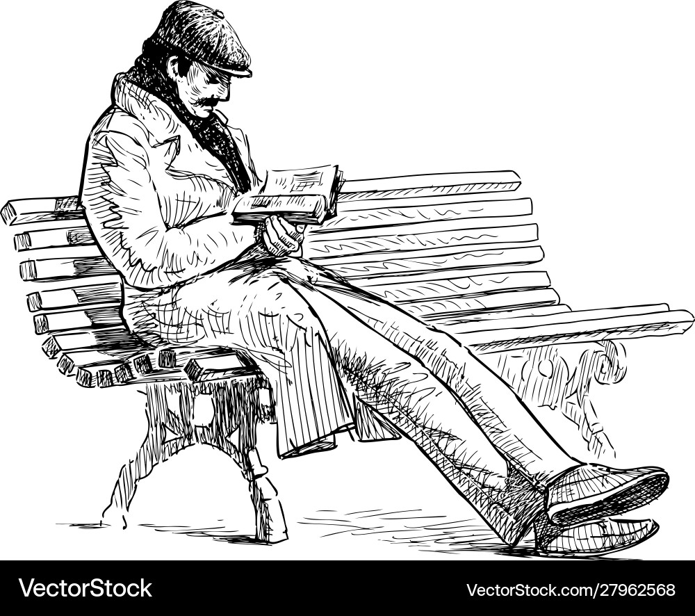 Man with Mustache Reading on Bench vector image