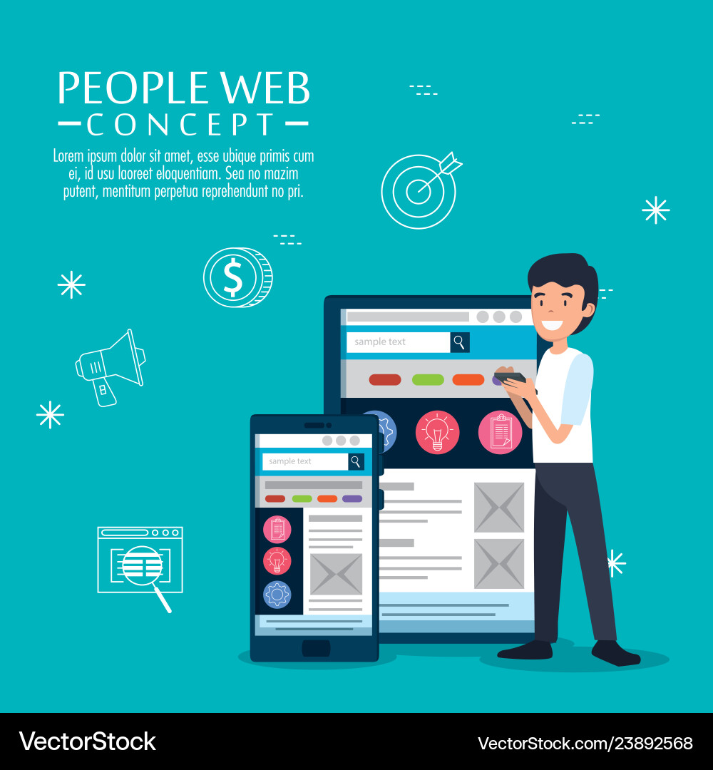 Man with smartphone and table office website Man with smartphone and table office website vector image