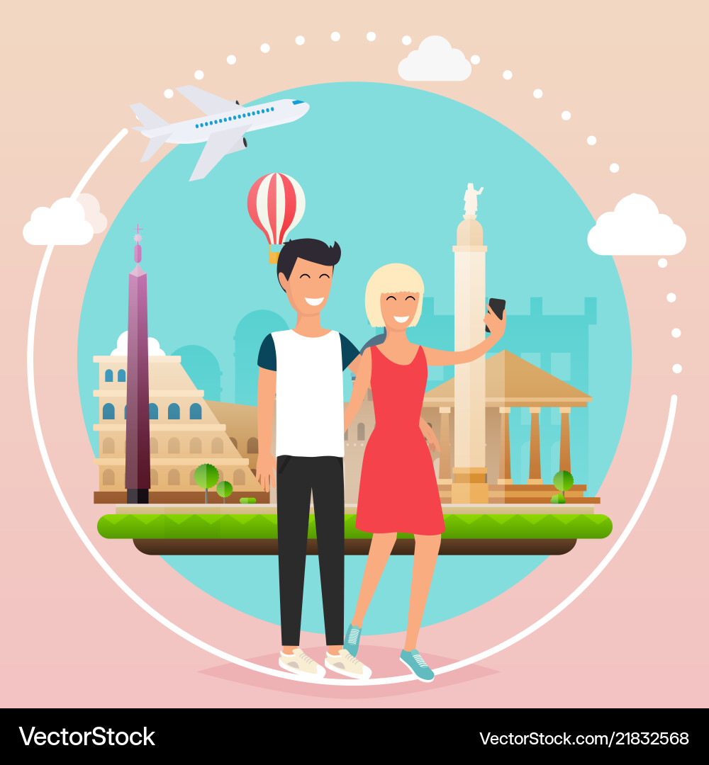 Young couple taking a selfie on vacation Young couple taking a selfie on vacation vector image
