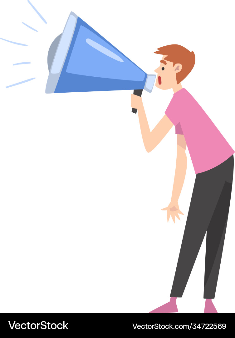 Man character shouting to huge megaphone public Man character shouting to huge megaphone public Vector Image