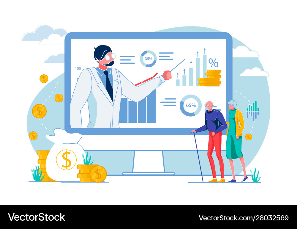 Person with pointer showing graphs to old people Person with pointer showing graphs to old people vector image