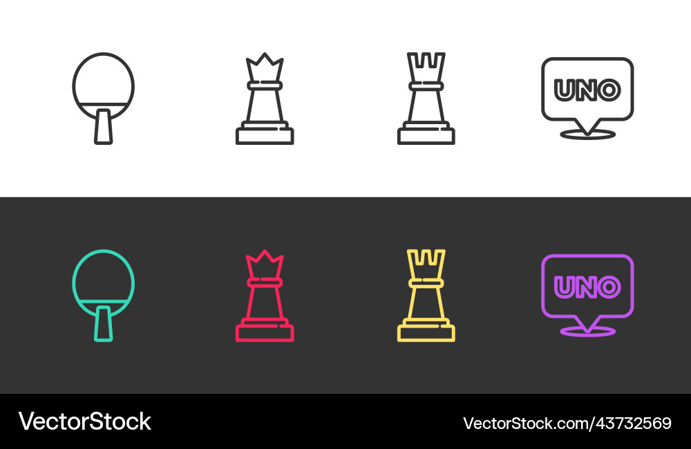 Set line racket chess and uno card game on black Vector Image