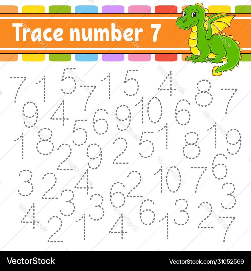 Trace number 7 handwriting practice learning Trace number 7 handwriting practice learning vector image