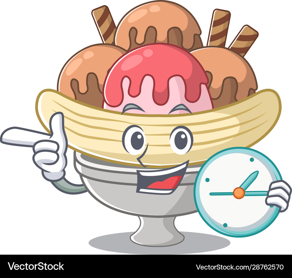 Cartoon character style banana split having clock Vector Image