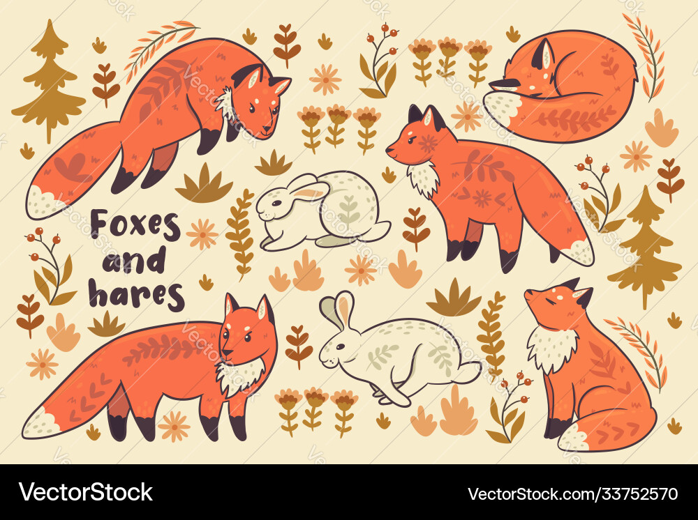 Collection cute animals foxes and hares vector image