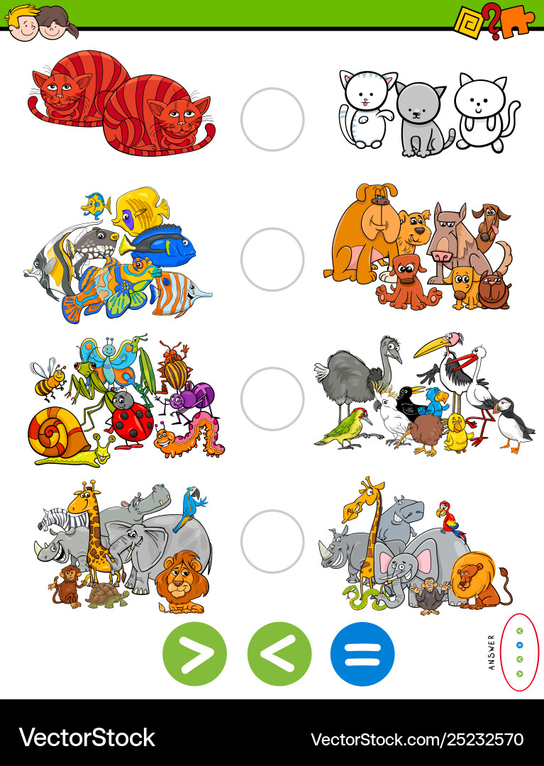 Greater less or equal task with animals vector image