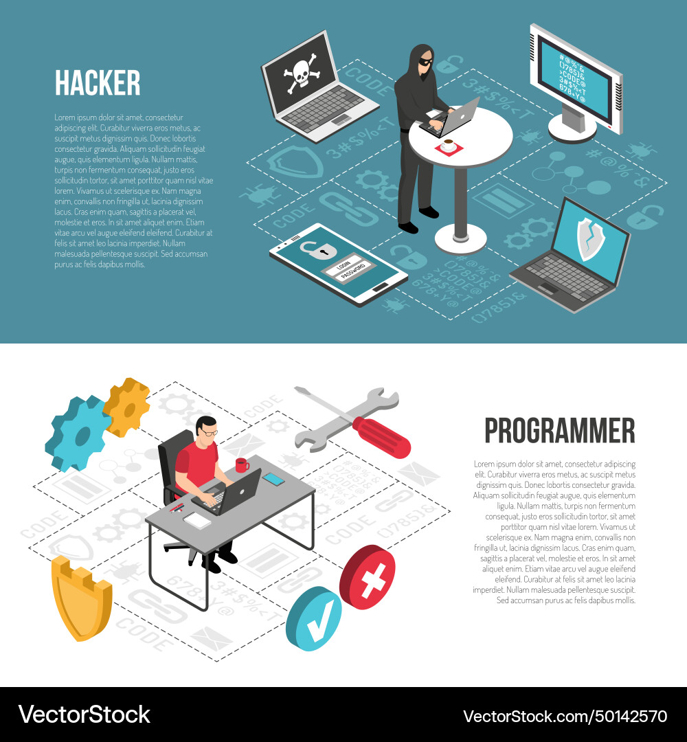 Hacker programmer isometric banners Hacker programmer isometric banners vector image