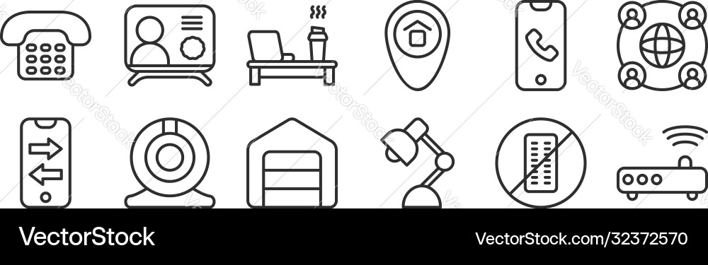 Set 12 thin outline icons such as router lamp Set 12 thin outline icons such as router lamp vector image