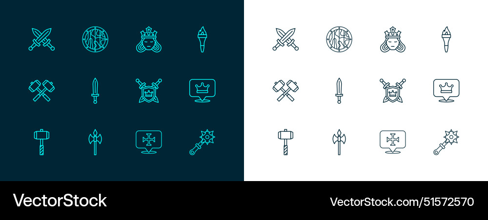 Set line torch flame medieval axe shield Set line torch flame medieval axe shield vector image