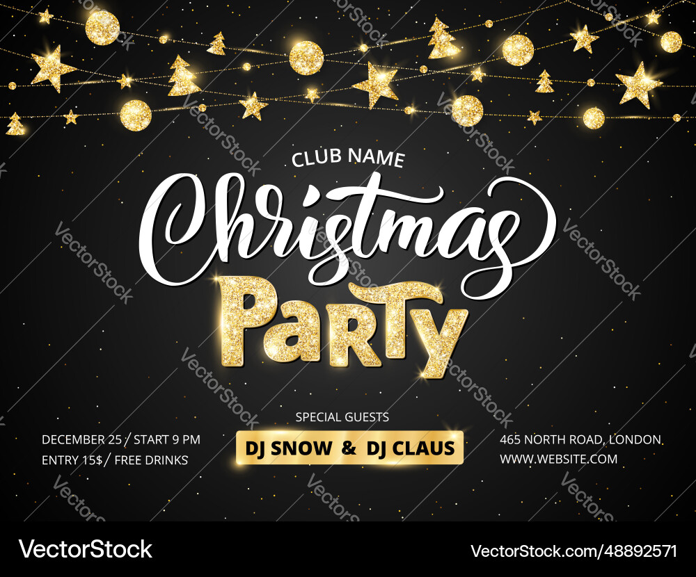 Christmas party poster template golden ornaments Christmas party poster template golden ornaments vector image