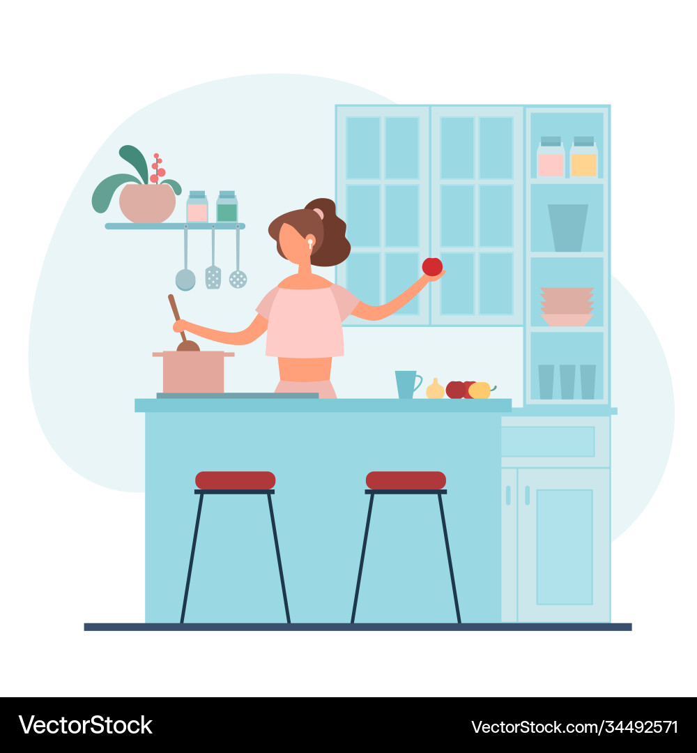 Frau bereitet Suppe zum Mittagessen in der Küche Frau bereitet Suppe zum Mittagessen in der Küche vektorbild