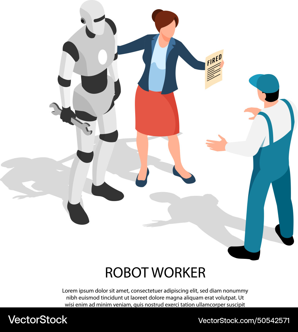 Robot worker isometric composition Robot worker isometric composition vector image