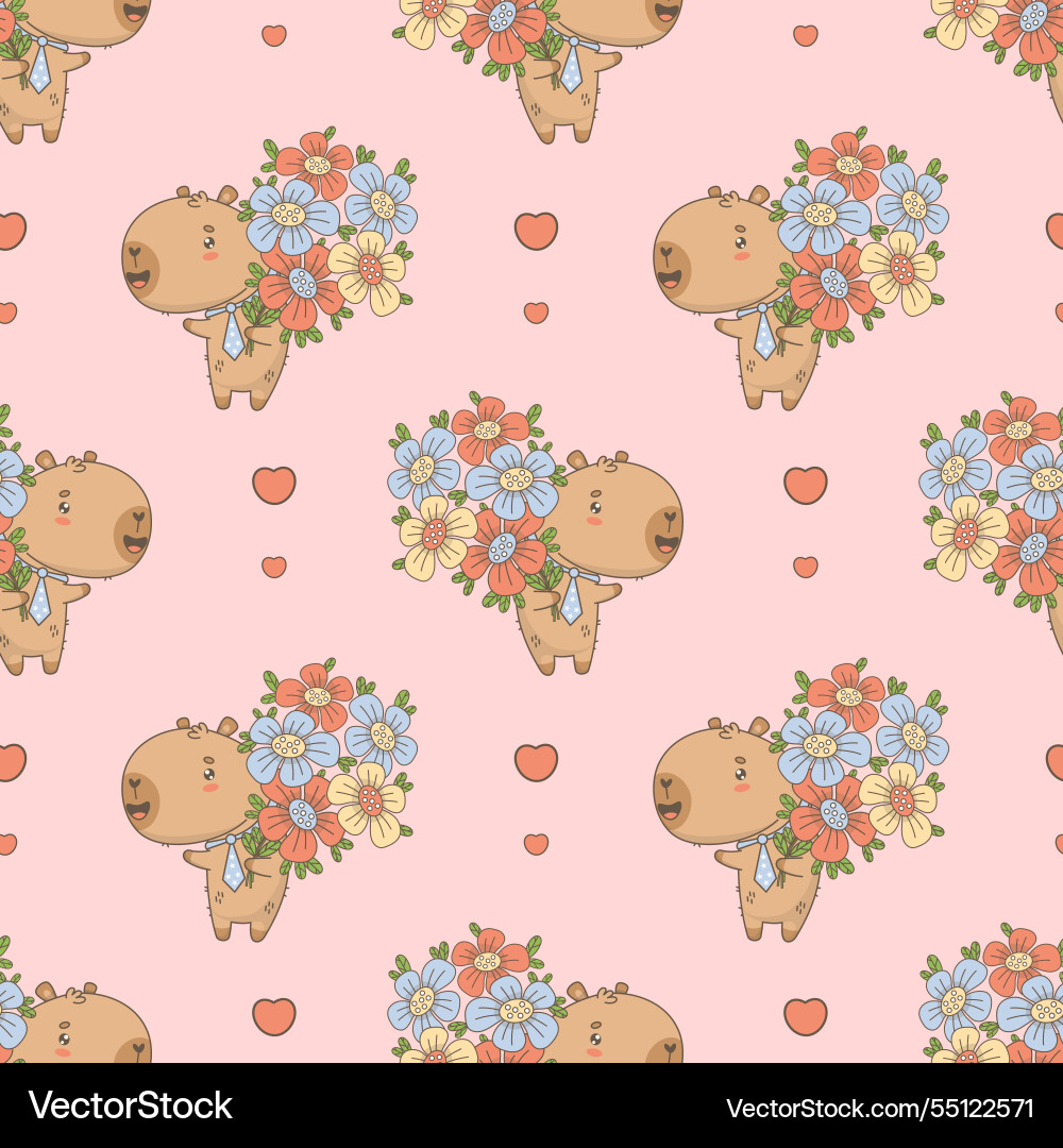 Seamless pattern cute capybara with bouquet Vector Image