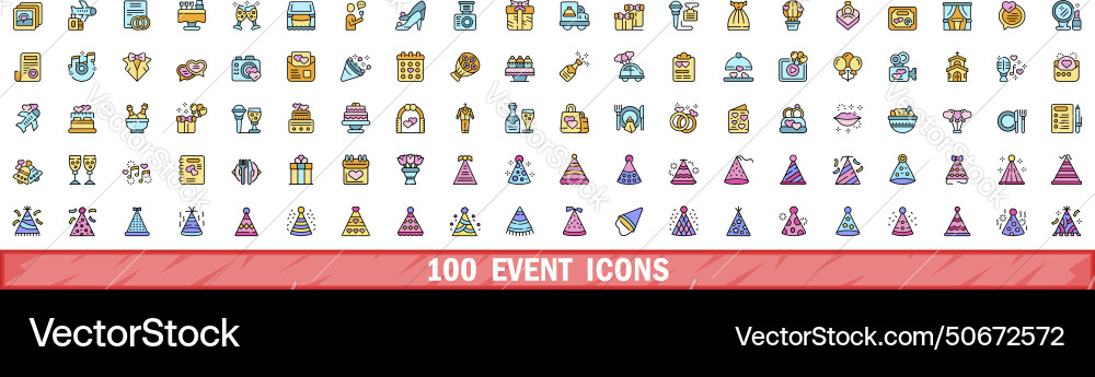100 event icons set color line style 100 event icons set color line style vector image