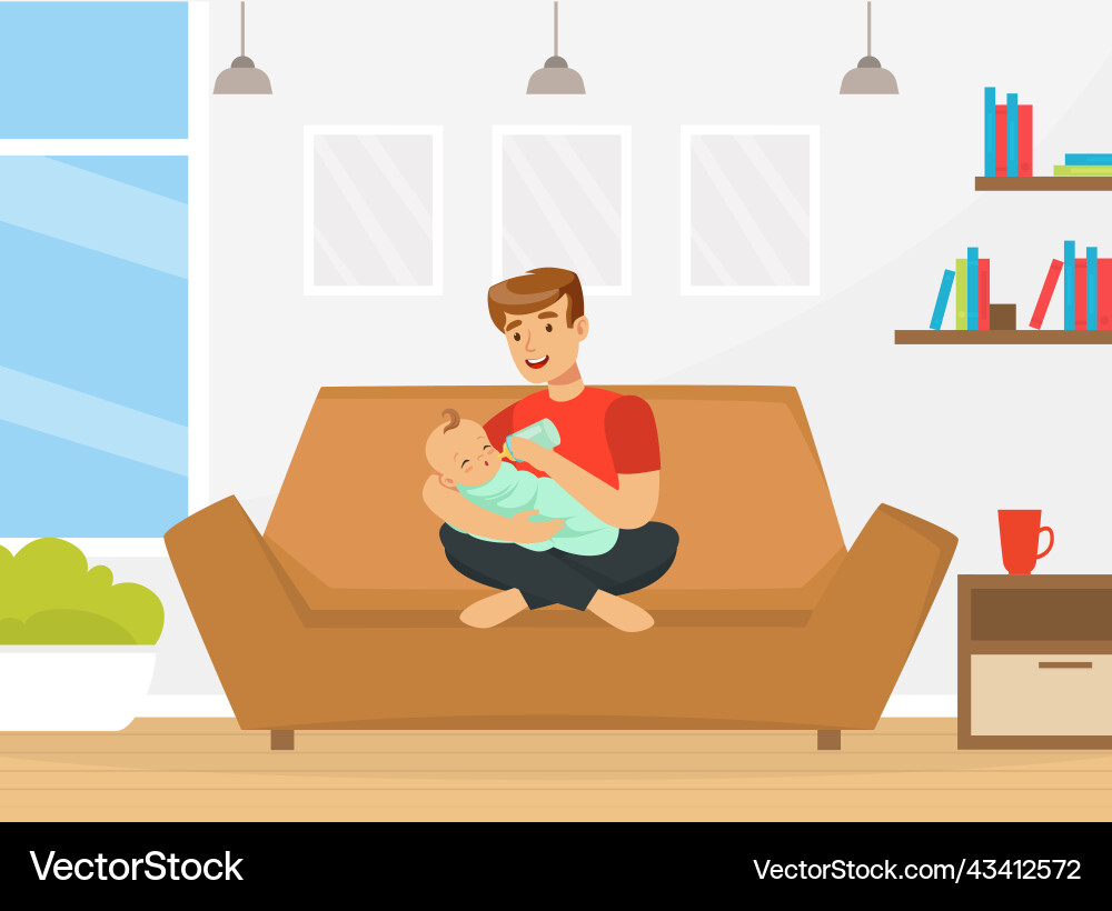 Happy Vater Futter Baby mit Milchflasche sitzen Happy Vater Futter Baby mit Milchflasche sitzen vektorbild