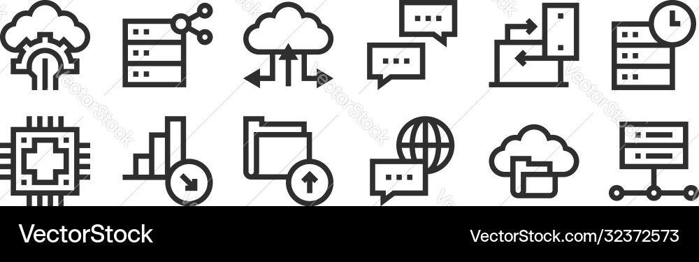 Set 12 thin outline icons such as server Set 12 thin outline icons such as server vector image