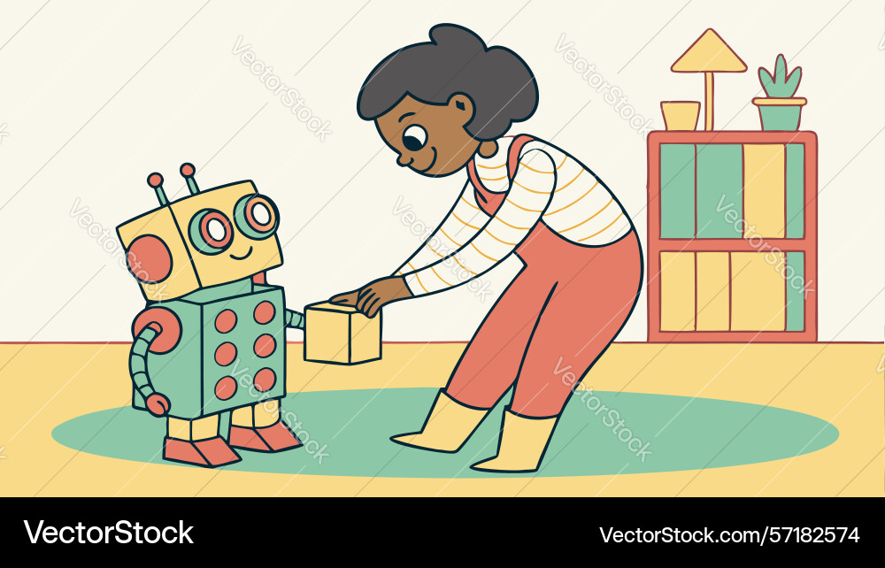 Child playing with robot toy blocks creative vector image